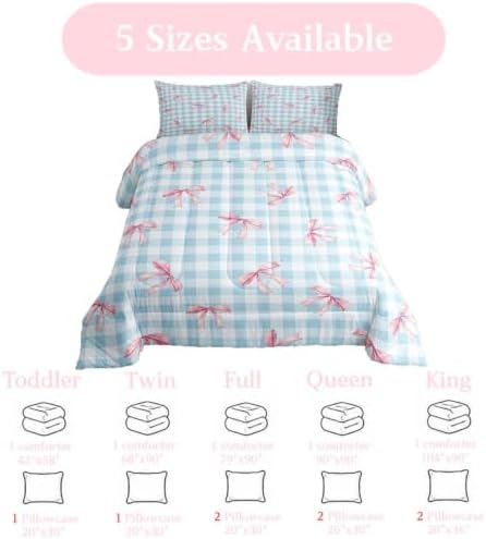 jejeloiu Bowknot Comforter Set King Size Blue Pink Bedding Set for Kids Boys Girls Pink Bow Duvet Quilt Colourful Bowknot Bedroom Decor Microfiber 3 Pcs with 2 Pillow Cases