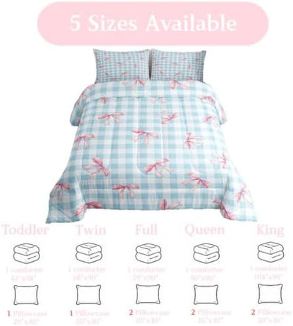 jejeloiu Bowknot Comforter Set King Size Blue Pink Bedding Set for Kids Boys Girls Pink Bow Duvet Quilt Colourful Bowknot Bedroom Decor Microfiber 3 Pcs with 2 Pillow Cases