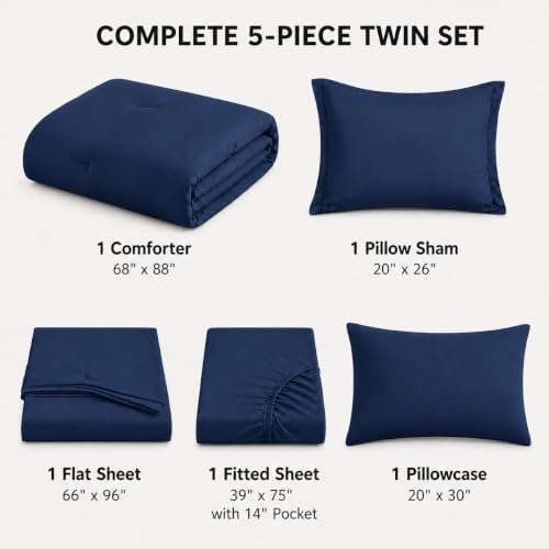 HIMEET Twin Comforter Sets, 5-Piece Point-Quilted Bed in a Bag, Navy Blue
