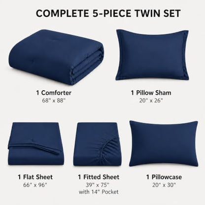HIMEET Twin Comforter Sets, 5-Piece Point-Quilted Bed in a Bag, Navy Blue