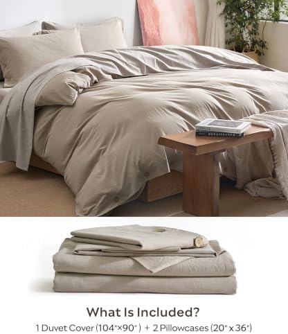 JELLYMONI 100% Washed Cotton Khaki-Beige Duvet Cover King, Linen-Like