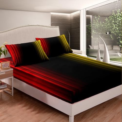 Feelyou Teens Abstract Ombre Decorations Bedding Set for Kids Women Red Yellow and Black Bed Sheets Set Geometric Modern Fitted Sheet Sets Room 4Pcs Queen Size