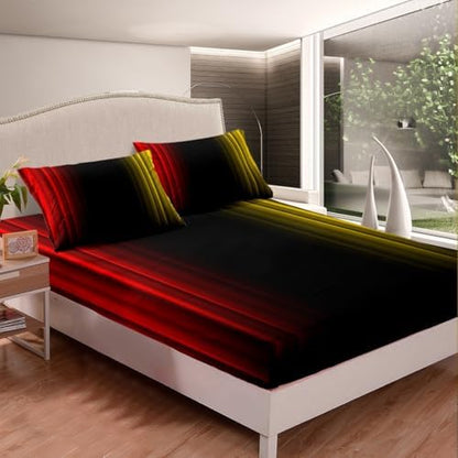 Feelyou Teens Abstract Ombre Decorations Bedding Set for Kids Women Red Yellow and Black Bed Sheets Set Geometric Modern Fitted Sheet Sets Room 4Pcs Queen Size