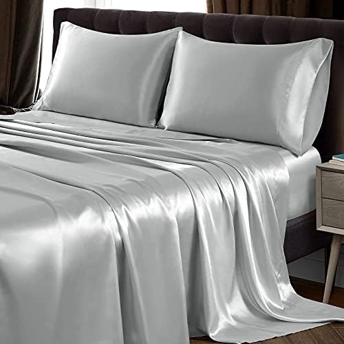 SiinvdaBZX 4Pcs Satin Sheet Set Full Size 15-Inch Deep Pocket, Light Grey