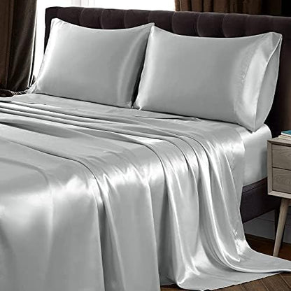 SiinvdaBZX 4Pcs Satin Sheet Set Full Size 15-Inch Deep Pocket, Light Grey