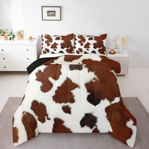 Erosebridal Cowhide Comforter Set for Kids Boys, Cute Brown White Cow Bedding Set King Size, Farm Animal Skin Down Comforter Western Cowboy Country Duvet Sets Farmhouse Decoration