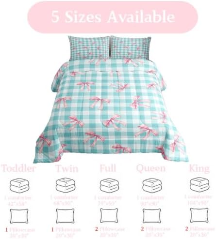 jejeloiu Blue Bowknot Comforter Set King Size Checkerboard Bedding Set for Kids Boys Girls Pink Bow Duvet Quilt Plaid Bedroom Decor Microfiber 3 Pcs with 2 Pillow Cases