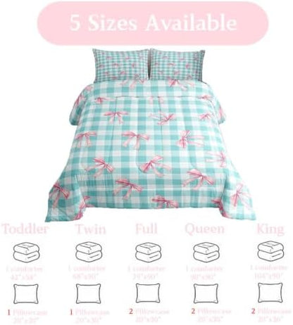 jejeloiu Blue Bowknot Comforter Set Toddler Size Checkerboard Bedding Set for Kids Boys Girls Pink Bow Duvet Quilt Plaid Bedroom Decor Microfiber 2 Pcs with 1 Pillow Cases