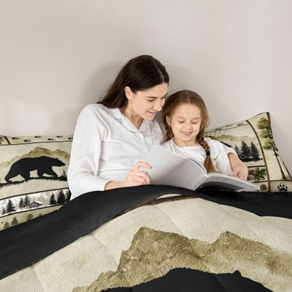 Erosebridal Black Bear Comforter Set Twin Size Wild Animal Bear Deer Print Bedding for Boys Girls Men Hunting Themed Bedding Comforter Sets Grids Patchwork Decor Duvet Insert Western Farmstyle Quilt
