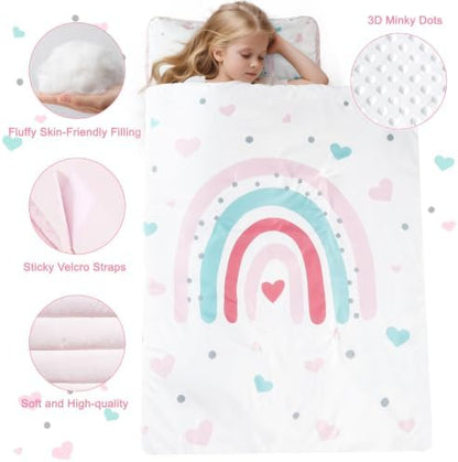 PHF Toddler Nap Mat with Removable Pillow and Minky Blanket, Rollup Design Kids Sleeping Mat, Slumber Bags for Girls, 50"x20" Toddler Sleeping Bag for Daycare Preschool Travel Camping, Rainbow