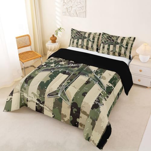 Erosebridal Camo American Flag Comforter Set Queen Camouflage Military Aircraft Bedding Set Army Green Airplane Comforter for Kids Boys Girls Vintage Patriotic Plane Quilt Duvet