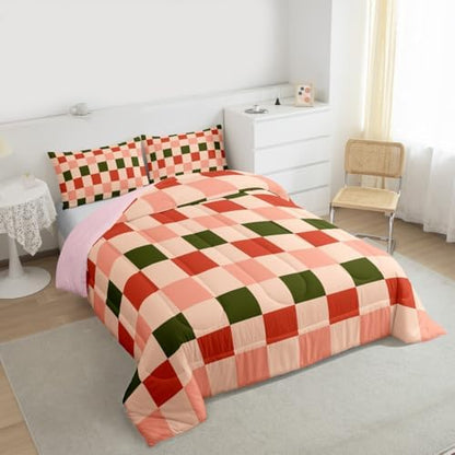 Feelyou Checkered Geometric Bedding Set for Boys Girls Pink Green Red Plaid Comforter Set Queen Size Checkerboard Modern Aesthetic Duvet Quilt Reversible Pink Bedroom Decor 3 Pcs with 2 Pillow Cases