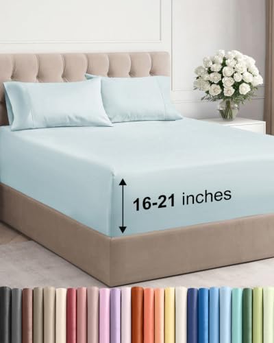 Extra Deep Pocket Cal King Size Sheet Set - Breathable & Cooling - Ice Blue