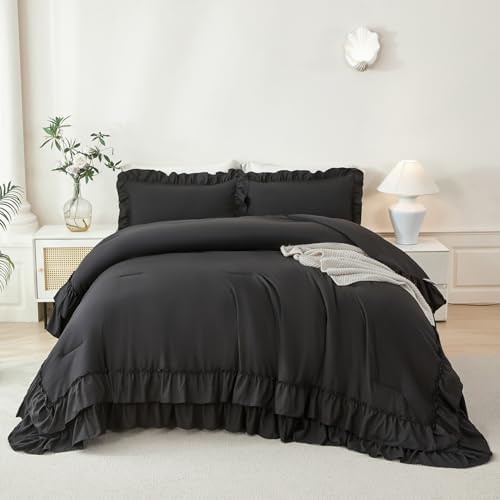 ANGIYUIN 5Pcs Black King Size Bed in A Bag Double Ruffled Comforter Sets Lightweight Shabby Chic Bedding Sets Soft Fluffy Bedding Comforter Set with Sheets for Women Men(Black King)