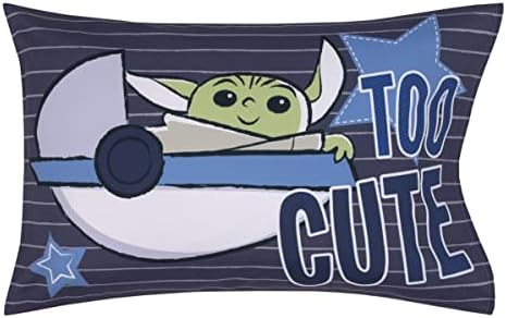 NoJo Star Wars The Child Cutest in The Galaxy Blue, Green, and Gray Grogu and Hover Pod 2 Piece Toddler Sheet Set - Fitted Bottom Sheet and Reversible Pillowcase