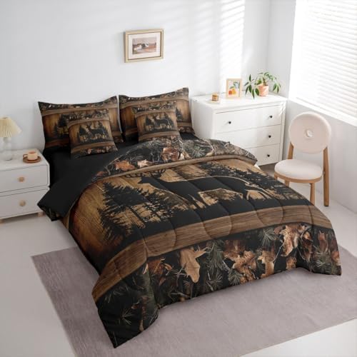 Erosebridal 7 Piece Farmhouse Deer Twin Bed in A Bag Camo Woodland Hunting Comforter Set with Sheets | for Kids Boys Teen Men,Rustic Cabin Bed in A Bag Wildlife Animal Print Bed Set Country Decor