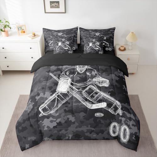 Erosebridal Ice Hockey Bedding Twin - Winter Event Ball Games Comforter Sets with Sheets, Sports Game Lovers Bed-in-A-Bag Teen Kids Hockey Decor for Boys Bedroom (Camo Black)