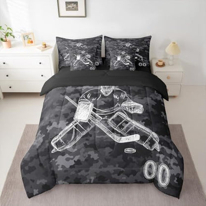 Erosebridal Ice Hockey Bedding King - Winter Event Ball Games Comforter Sets with Sheets, Sports Game Lovers Bed-in-A-Bag Teen Kids Hockey Decor for Boys Bedroom (Camo Black)