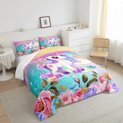 Cartoon Unicorn Kids Comforter Set Queen Size,Roses Flowers Butterfly Princess Bedding Set,Girls Women Room Decor,Rainbow Unicorn Cute Down Comforter,Pink Blue Romantic Duvet Insert,2 Pillowcases