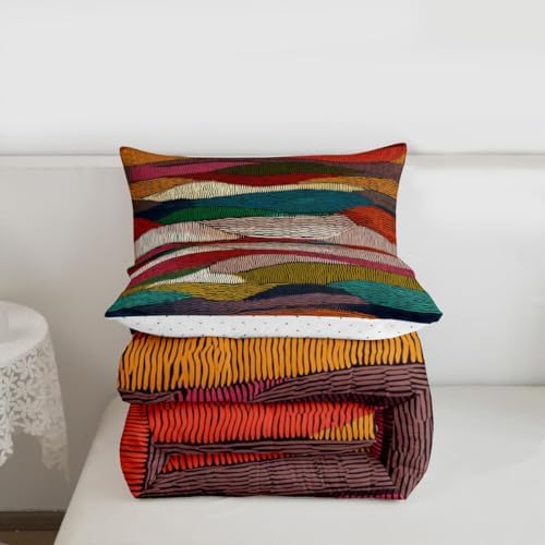 Castle Fairy Rainbow Embroidered Waves Comforter/Duvet Set King Size,Boho Wavy Ultra Soft Bed Collection,Tribal Ethnic Geometric Bedding for Room Decor 3 Pcs,Microfiber Breathable