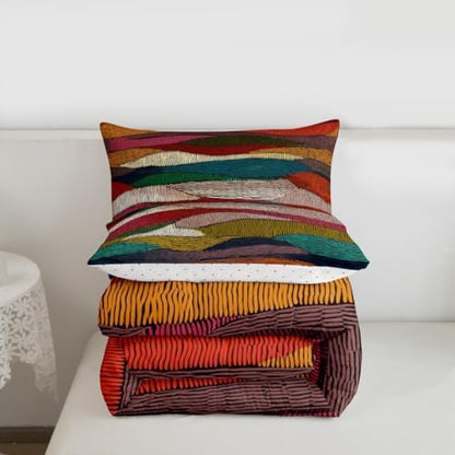 Castle Fairy Rainbow Embroidered Waves Comforter/Duvet Set King Size,Boho Wavy Ultra Soft Bed Collection,Tribal Ethnic Geometric Bedding for Room Decor 3 Pcs,Microfiber Breathable