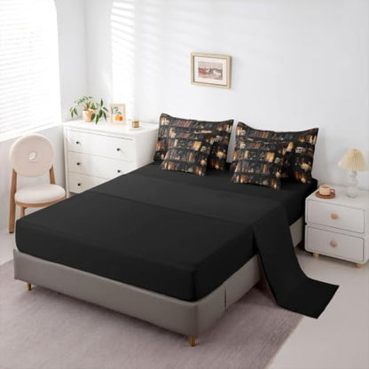 Erosebridal Gothic Library Book 7 Piece Bedding Set Queen Retro Bookshelf Skull Comforter Set with Sheets Floral Candles Bed in a Bag Vintage Books Bed Sets Comforter