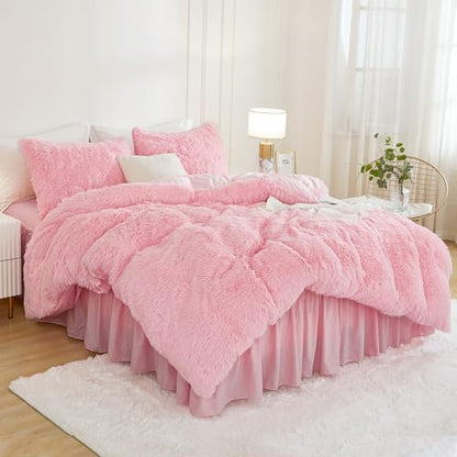 Andency Pink King Size Comforter Set, Fluffy Faux Fur Warm Bedding Set