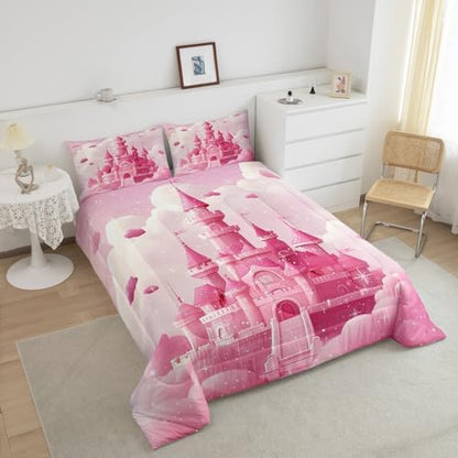 Homewish Dream Castle Comforter Set,Princess Style Bedding Set for Kids Girls Boys,Teens Adults Pink Glitter Comforter,Gilry Castle Quilted Duvet Set Bedroom Collection Twin Size 2Pcs