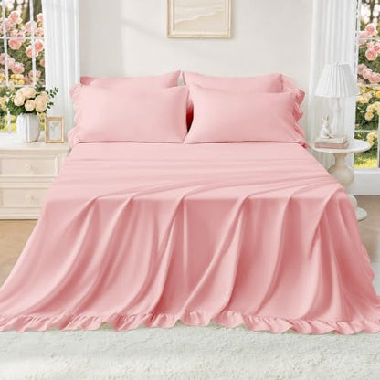 FUANNA Queen Sheets 4 Pieces - Pink Sheets with 4-Inch Ruffles Bed Skirt