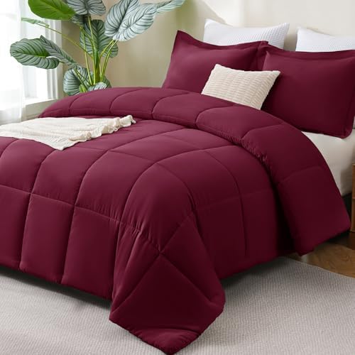 CozyLux Queen Size Comforter Set, 3-Piece Box-Stitched, Burgundy