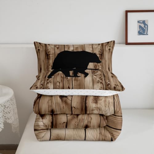 Castle Fairy Bear Comforter Set Twin Size,Rustic Farmhouse Style Bedding Set 2Pcs,Hunting Wild Animal Quilt Set for Kids Boys Men Adult Room Decor,Brown Wooden Board Print Duvet Insert,1 Pillowcase