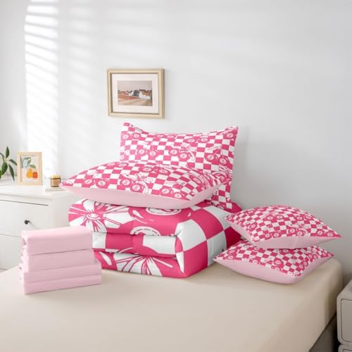 Hot Pink Fashion Y2K 7 Piece Comforter Set King Size Lucky 8 Ball Bedding Set For Kids Girls Teen Women,Cherry Bow Geometric Checkered Bed In A Bag With Sheets Girly Coquette Trendy Aesthetic Bed Set