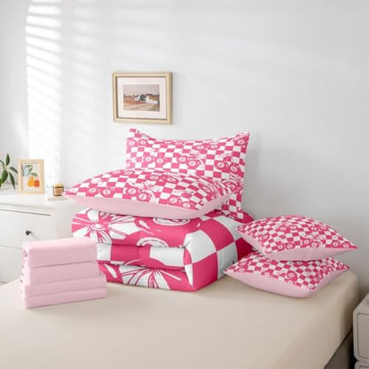Hot Pink Fashion Y2K 7 Piece Comforter Set King Size Lucky 8 Ball Bedding Set For Kids Girls Teen Women,Cherry Bow Geometric Checkered Bed In A Bag With Sheets Girly Coquette Trendy Aesthetic Bed Set