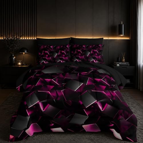 Nttopship Black and Pink Geometric Comforter Set Queen Size 7PCS,Abstract Triangular Printed Bedding Set for Adults,Geometric Mordern Art Decor All Seasons with Pillowcases,Flat, Fitted Sheet