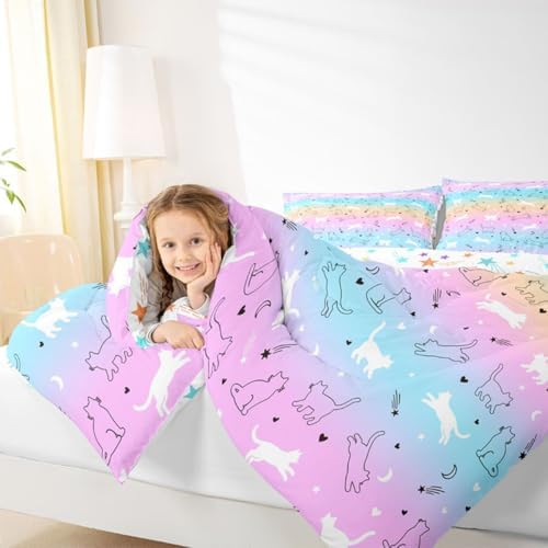 Kids Cute Cat Comforter Set - Full Gradient Line Bedding for Boys & Girls - Lovely Cartoon Pet Cats, Kawaii Kitten Print Duvet Insert, Animal Themed Design Quilt