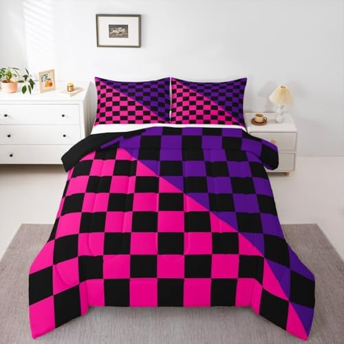Feelyou Checkered Retro Kids Comforter Set Toddler Size Modern Geometric Cute Bedding Set Rose Pink Purple Duvet Quilt for Kids Boys Girls Bedroom Vintage Simple Groovy Aesthetic Decor
