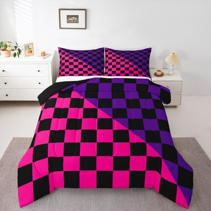 Feelyou Checkered Retro Kids Comforter Set King Size Modern Geometric Cute Bedding Set Rose Pink Purple Duvet Quilt for Kids Boys Girls Bedroom Vintage Simple Groovy Aesthetic Decor