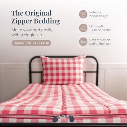 Beddy's Dark Pink Checkered All-in-One Zipper Bedding Set for Kids - Queen