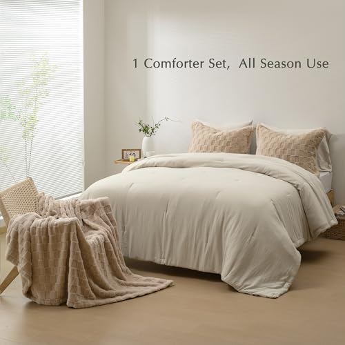 HIG 4pc 2-in-1 King Comforter Set with Detachable Fluffy Blanket, Camel