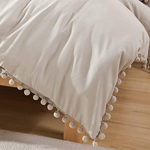 YIRDDEO Queen Comforter Set, Oatmeal Ball Pom Fringe Bedding Set 3 Pieces