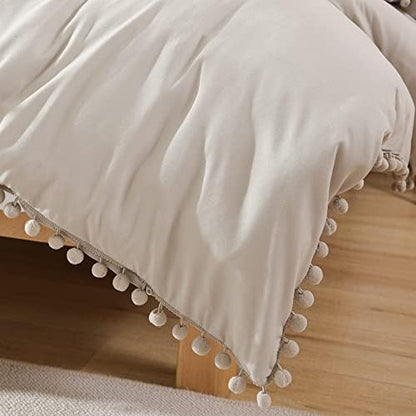 YIRDDEO Queen Comforter Set, Oatmeal Ball Pom Fringe Bedding Set 3 Pieces