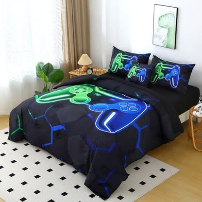 Gamer Queen Comforter Set with Sheets 6 Pieces Game Console Gaming Boys Bedding Set Soft All Season 3D Gamepad Bed in A Bag for Kids Teens (Green Blue, Queen)