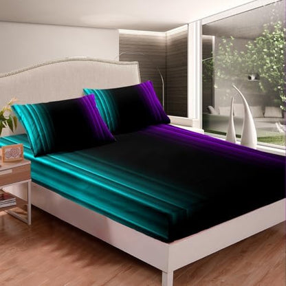 Feelyou Teens Abstract Ombre Decorations Bedding Set for Kids Women Teal Purple and Black Bed Sheets Set Geometric Modern Fitted Sheet Sets Room 4Pcs Full Size