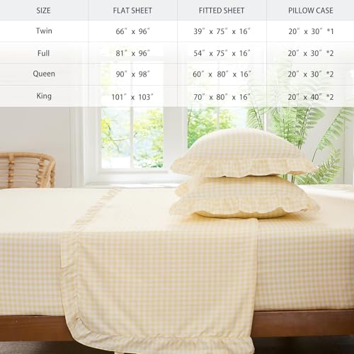 Gingham Queen Sheet Set, Lightweight Super Soft Brushed Microfiber Plaid Bed Sheets with 16" Deep Pocket, 4 Piece Ruffle Farmhouse Bedroom Decor, Yellow