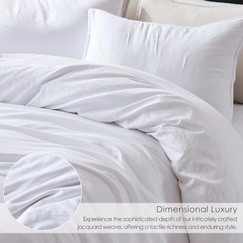 WDCOZY White Full Size Jacquard Duvet Cover Set with Zipper Closure, Modern Washed Soft Striped Bedding, Textured Seersucker Like Cotton Linen, 1 Duvet Cover and 2 Pillow Shams, No Comforter