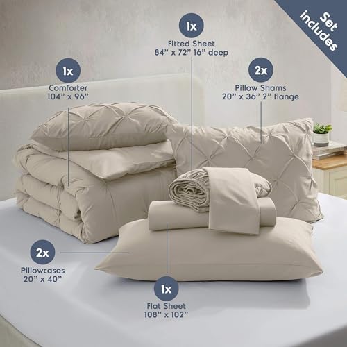 Nestl 9 Piece California King Comforter Set – Beige Pinch Pleated Bed in a Bag – Complete Cal King Size Bedding Set with Sheets, Set of 2 Cooling Pillows, Pillowcases and Shams