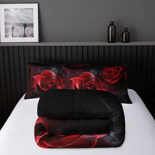 Nttopship Red Comforter Set King,Red Roses Bedding Set 3 Piece Bed in a Bag,Lover Romantic Flowers Comforter Valentine's Day Lightweight Soft Microfiber Bedding Sets with(Comforter,2 Pillow Cases)