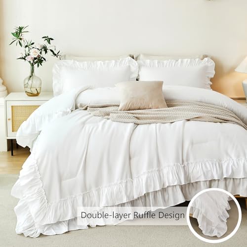 ANGIYUIN 5 Pieces White Twin Size Comforter Set Double Ruffled Bed in A Bag