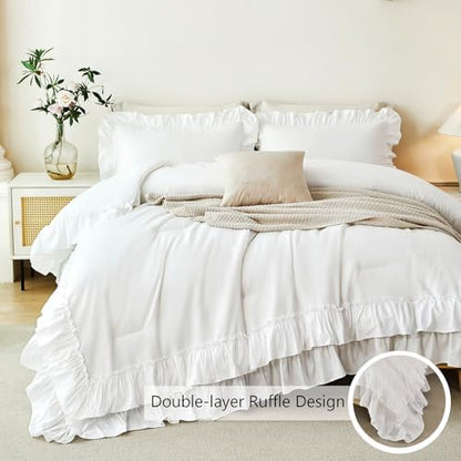 ANGIYUIN 5 Pieces White Twin Size Comforter Set Double Ruffled Bed in A Bag