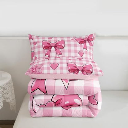 jejeloiu Bowknot Comforter Set Toddler Size Checkerboard Bedding Set for Kids Boys Girls Pink Bow Duvet Quilt Plaid Bedroom Decor Microfiber 2 Pcs with 1 Pillow Cases